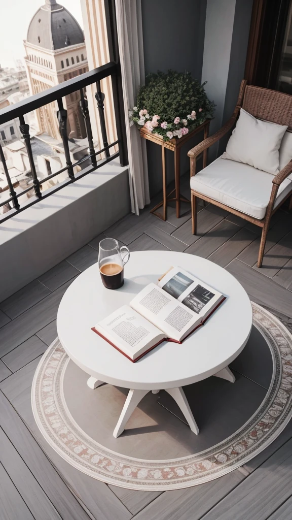 Create a round table on a very elegant balcony on the top floor of a building, on the table, a white cup of coffee, a book and a pen, on one side, a gray rose. 