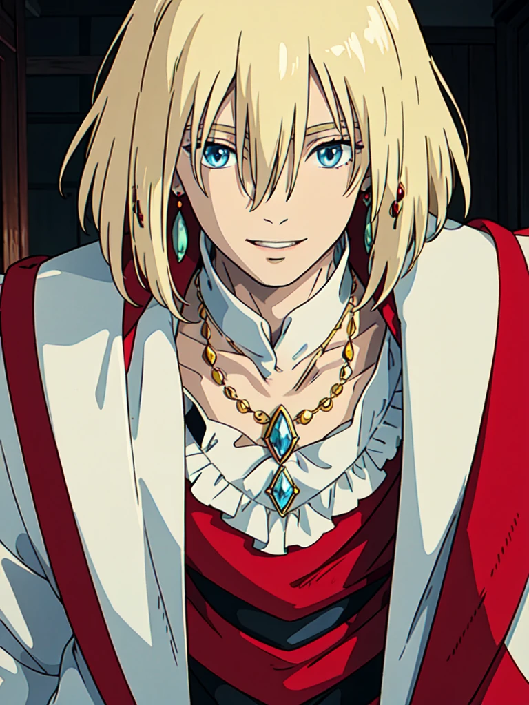 ghibli style, howl \(howl no ugoku shiro\), 1boy, bangs, blonde hair, blouse, blue eyes, coat, crystal earrings, earrings, hair between eyes, jewelry, long sleeves, looking at viewer, male focus, medium hair, necklace, parted lips, red coat, shirt, smile, solo, white background, white shirt , ((masterpiece))