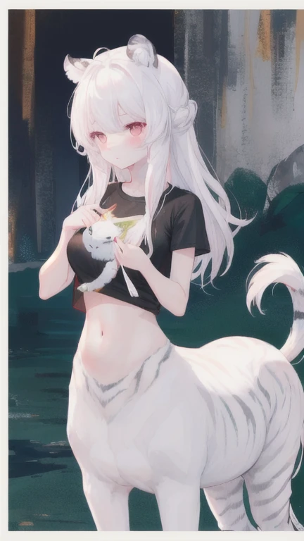 (best quality, masterpiece), 1 girl, centaur, It takes, White skin, Korean ,daughter,black pink,Smiling, exposing the abdomen, belly button t-shirt , 아름다운 소녀 Perfect wild white tiger photo, Perfect wild white tiger photo