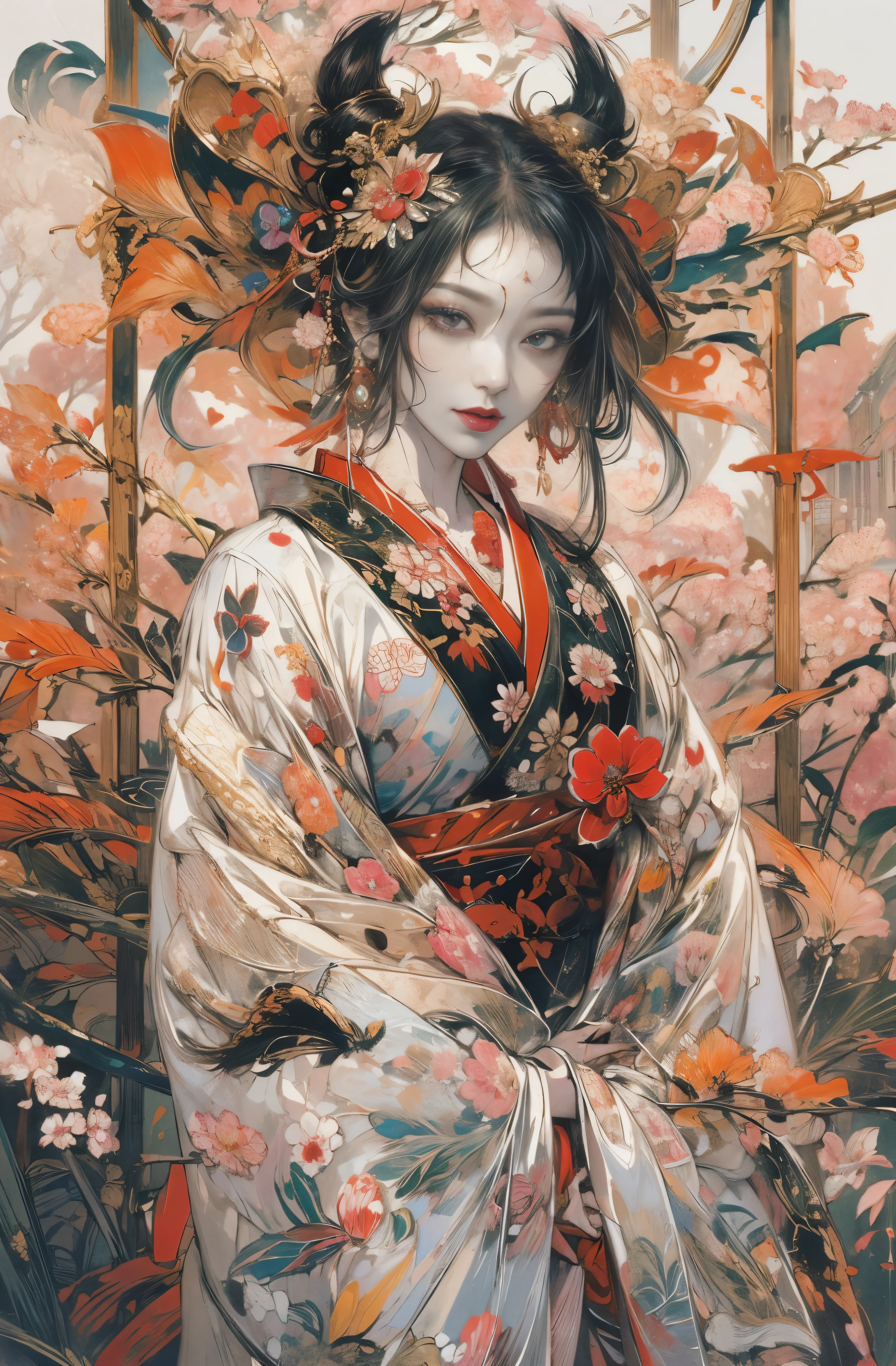 Beautiful devil painting, SakuraFubuki, Senbonzakura, Cherry blossoms tered in the wind, Zeami, Big Yokai, Devil Charm, Queen of the Monsters, Queen of Terror, Queen of Hell, The six paths of reincarnation, The beauty of the leaning country, Beautiful black haired demon, Beautiful red make-up, White Face, nine tailed fox, She looks 27 years old, Butty Dreams, Sharp beauty, Fascinating, Chinese peony, peony, Lily flower, Beautiful red kimono, Oiran, The highest ranking prostituusion of flowers, Massacre Flower, Female Yakuza, Master of the Red Light District, Beautiful and expressive paintings, Beautiful artwork illustration, wonderful, Cool Beauty, clear, Muromachi Fantasy, mysterious, Highest quality, Official Art, Perfect composition, The perfect angle, Best Shot, women only, Sharp contours, pretty much beautiful face, Very beautiful and detailed, Beautiful and delicate eyes, Devil of Kyoto, Devil Charmの主, Ruthless Devil Woman, phantom, Hyakki Night Line, Shura Road, Female Yakuza, Full Body Tattoo, underworld, diamond, Rashomon, Gion Seisha, Snow Moon Wind Flowers, The action is permanent, Under the light of the meteor, Fluttering flowers and fallen leaves, Dream Bubble, close: Ultra-detailed paintings inspired by Wow, Art Station Trends, Fantasy art, A complex mess, The art of hitting, Wallop Art, Wow |, Wallop Style, Beautiful character drawings, Urop's painting style, Wow | The buds of art, Unparalleled Beauty Tumbler, Figurative art, Intense watercolor, Watercolor detailed art, Watercolor splash, Surreal, Avant-garde pop art, Beautiful and expressive paintings, Beautiful artwork illustration, Very colorful tones, wonderful, Cool Beauty, masterpiece, Highest quality, Official Art, women only, Sharp contours, Best Shot, Vector art, By Sandra Chevrier, Dave McKean、Richard Avedon、By Makiej Kusiala, Bright design