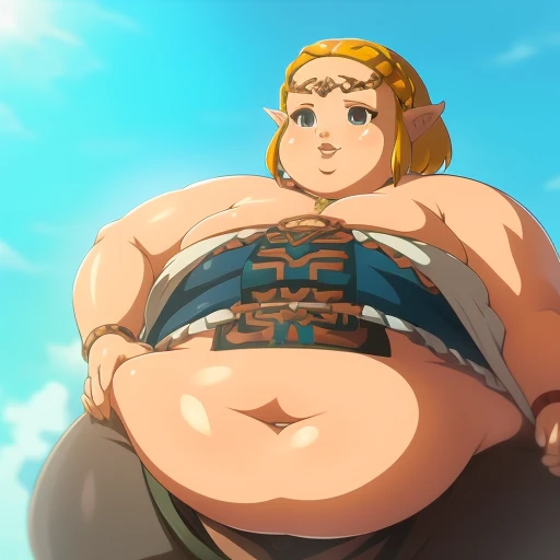 Anime Women, Adult female、Detailed face、amount、amount、Braided Pigtails, Zelda、Extremely Long Hair、Sharp eyes、Thick lips、 Extremely fat、extremely Chubby、obesity、obesity body、Double chin、Cheek、Thick neck、colossal Breasts、Extremely Saggy breasts、Thick upper arms、Thick arms、thick fingers、extremely Fat belly、Flabby belly、Flabby belly fat、Thick legs、colossal ASS 