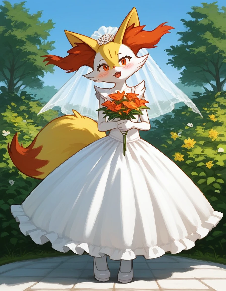 alone, score_9,score_8_up,score_7_up, braixen pokemon, full body, wearing wedding dress, holding flowers, blushing, garden background.