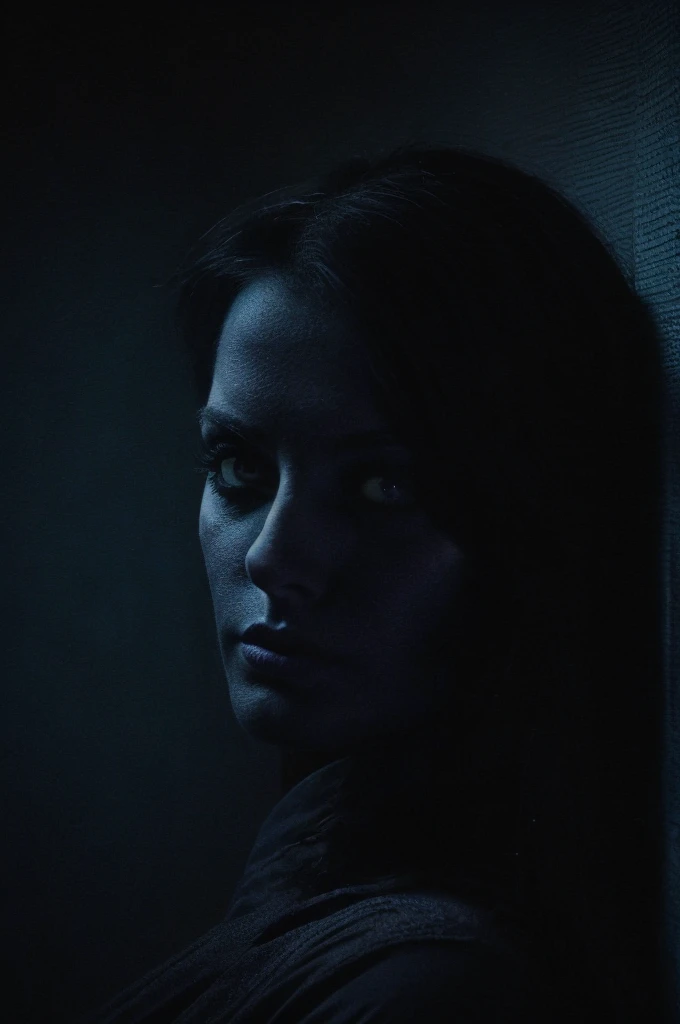 Create an image of a mysterious and gloomy woman. She must be in a mysterious position, hidden in the shadows. Your expression must be enigmatic, with an intense and sinister look. Lighting should be dark and somewhat ambiguous, with lots of contrasts and deep shadows. The color palette should be dark, with dark shades of black, blue and purple.