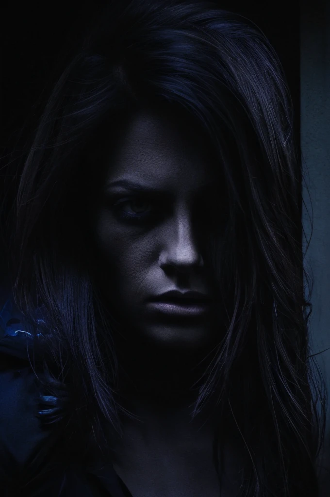 Create an image of a mysterious and gloomy woman. She must be in a mysterious position, hidden in the shadows. Your expression must be enigmatic, with an intense and sinister look. Lighting should be dark and somewhat ambiguous, with lots of contrasts and deep shadows. The color palette should be dark, with dark shades of black, blue and purple.
