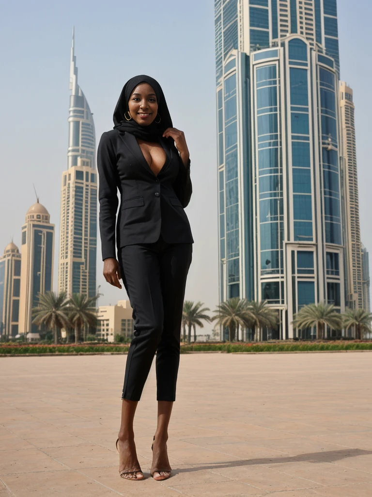 Zainab, 1girl, solo, ((Sudanese woman)), consistent face and body, ((MILF)), ((50 years old)), (mature), ((slim)), ((Sudanese face)), (Sudanese nose), (Sudanese lips), upper body and upper legs, (background: skyscrapers in Dubai), BREAK, (wearing stylish black Generation Z casual wear)