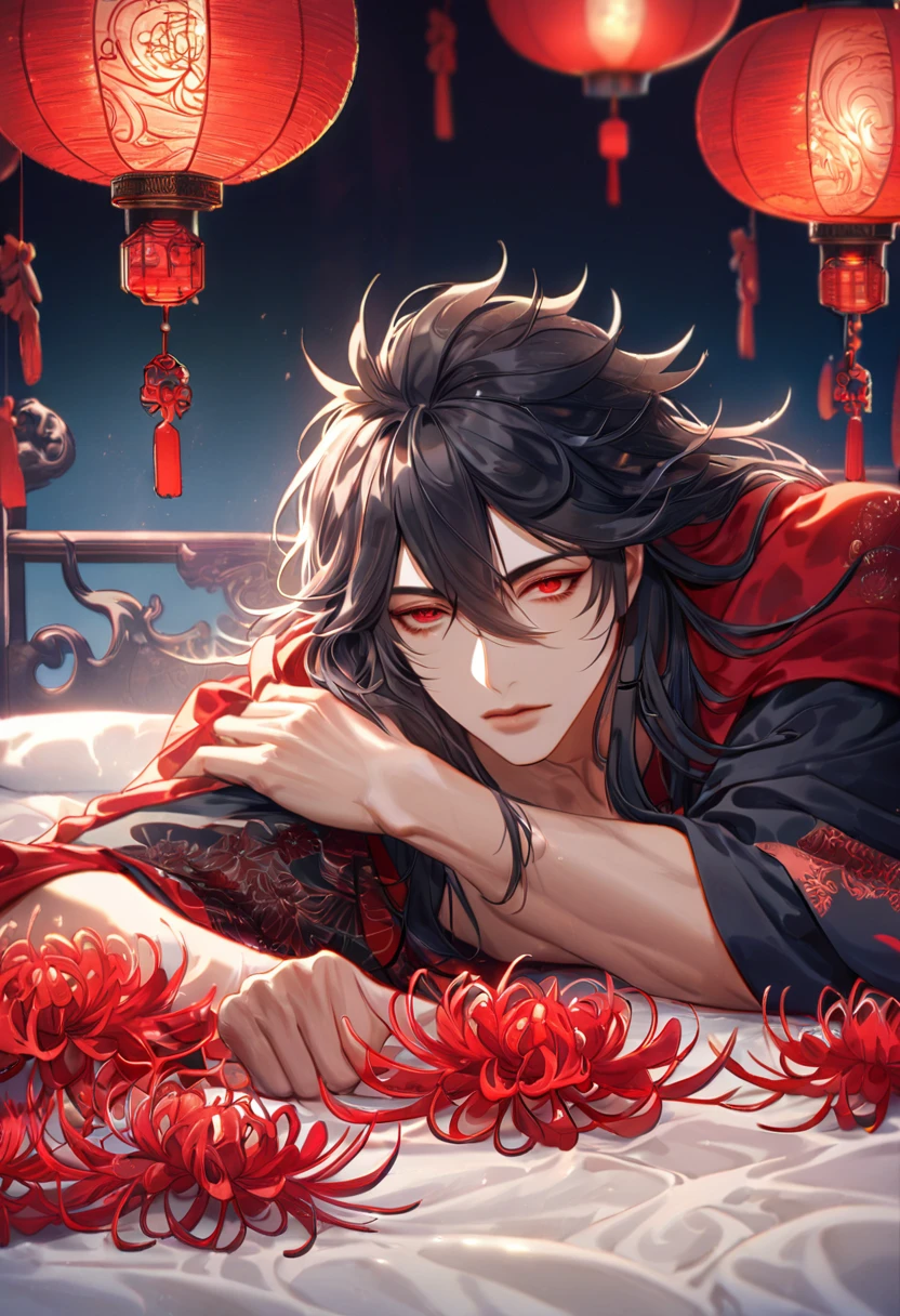 absurdres, highres, ultra detailed, HDR, master piece, best quality, extremely detailed face, delicated features, Xue Yu, untamed spiky hair, black hair, long hair, hair between the eyes, expressive red eyes, Thousand Years War, solo, sexy man lying on a bed, handsome, toned chest, black haori, red fantasy robes, room, bed, magical, red spider lilies, red lanterns, red floating round lights, Chinese ambiance