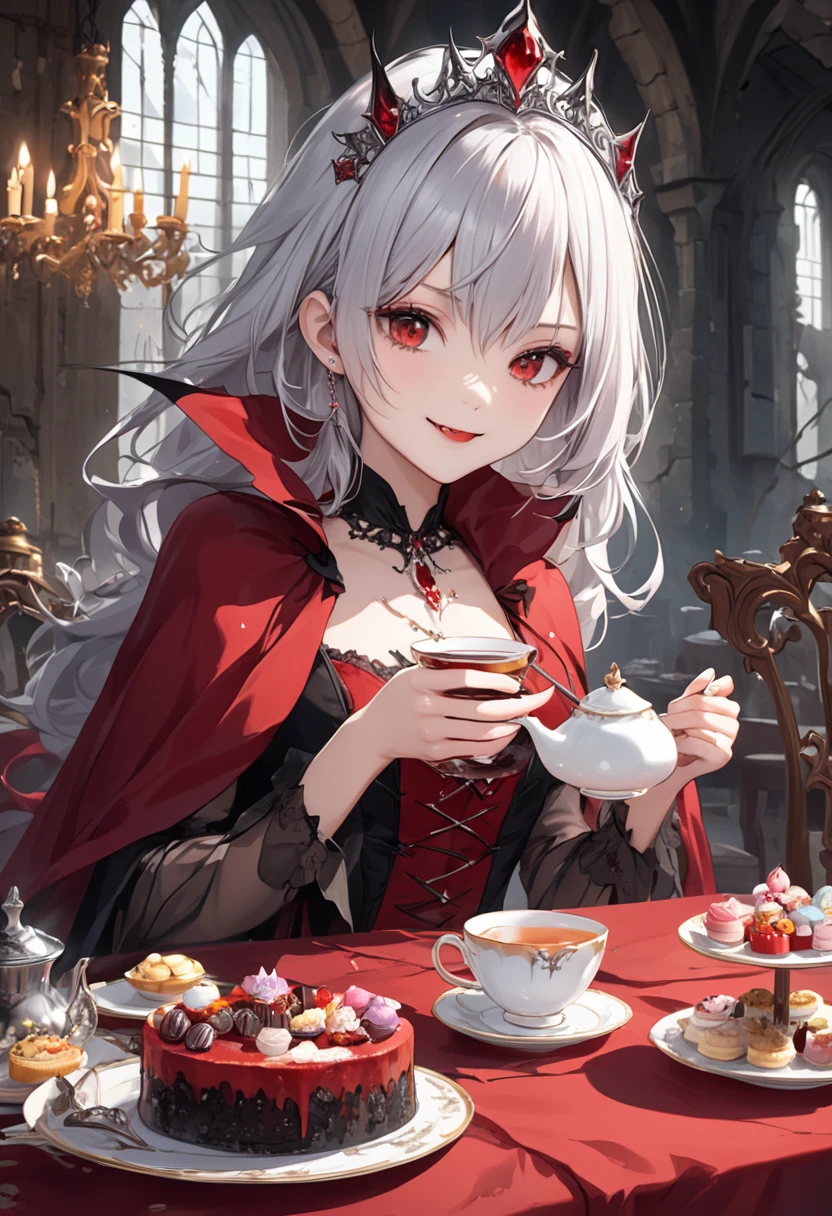 A vampire princess with long silver hair is drinking tea. She has a jeweled tiara on her head, red eyes, and a red dress. A dinner party in an abandoned castle. A long table with a red tablecloth and a chandelier. There are many sweets and teapots on the table. A ruined castle. A bewitching smile. A teacup in her hand.