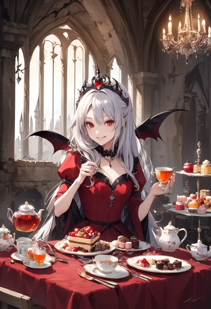 A vampire princess with long silver hair is drinking tea. She has a jeweled tiara on her head, red eyes, and a red dress. A dinner party in an abandoned castle. A long table with a red tablecloth and a chandelier. There are many sweets and teapots on the table. A ruined castle. A bewitching smile. A teacup in her hand.