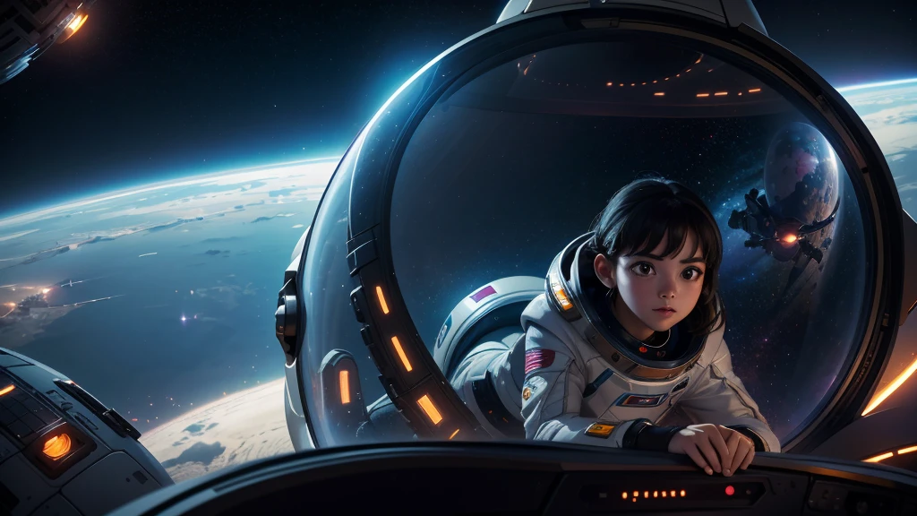 A teenage girl wearing futuristic space suits, inside a space capsule in space, in the background of the image a burning planet, spaceships flying in the background