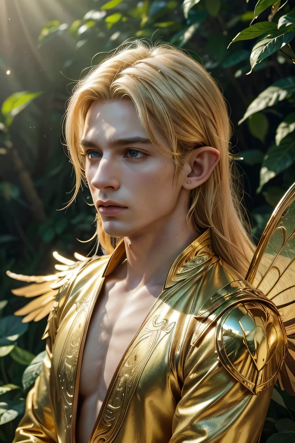 A detailed, highly realistic male fairy with blond hair, green eyes, and golden wings in a lush, vibrant floral setting, (best quality,4k,8k,highres,masterpiece:1.2),ultra-detailed,(realistic,photorealistic,photo-realistic:1.37),hyperrealistic, incredibly detailed face and features, extremely realistic skin texture,elf ear, ornate golden wings, lush flowering plants and foliage, dramatic lighting, vivid colors, cinematic composition ,male,elf ears , golden wings ,golden outfit