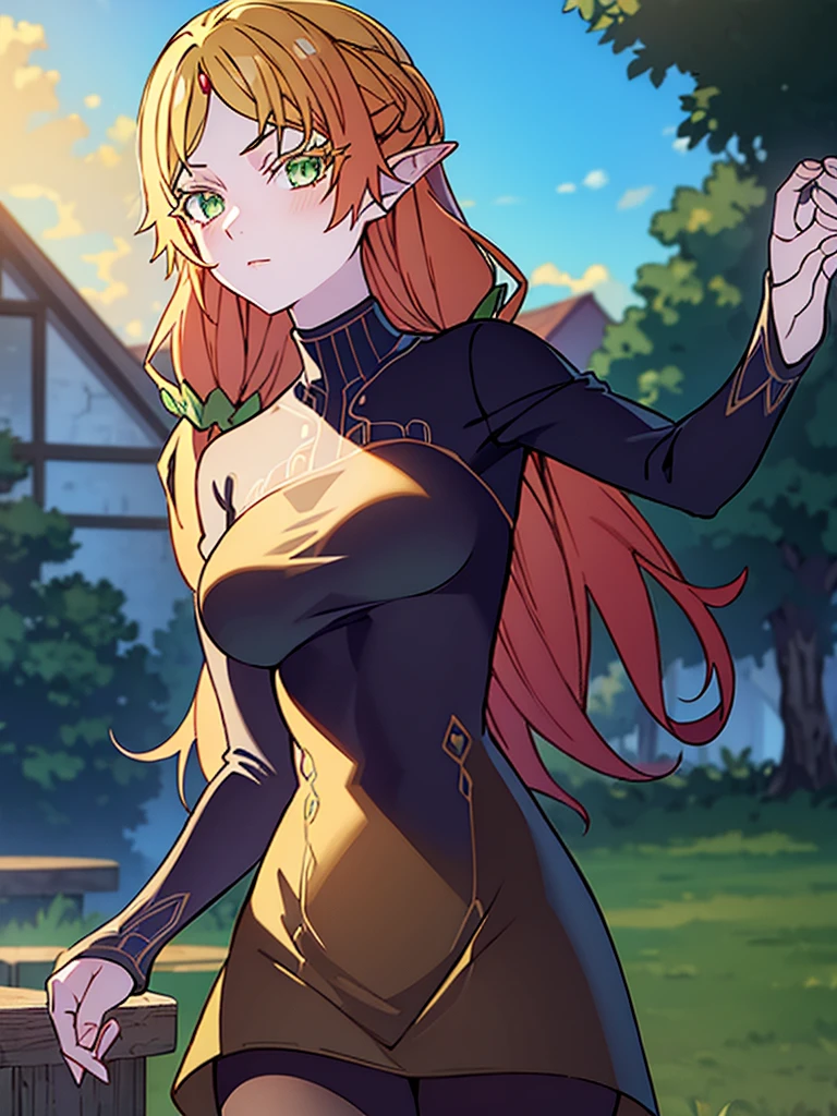 tsundereelf, tsundere elf, long hair, blonde hair, (green eyes:1.5), pointy ears, elf, multicolored hair, forehead jewel, BREAK long sleeves, turtleneck bodysuit, pantyhose, sweater, (black sweater:1.2), dress, (yellow dress:1.5), BREAK outdoors, forest, nature, sun, sky, clouds, BREAK looking at viewer, (cowboy shot:1.5), BREAK (masterpiece:1.2), best quality, high resolution, unity 8k wallpaper, (illustration:0.8), (beautiful detailed eyes:1.6), extremely detailed face, perfect lighting, extremely detailed CG, (perfect hands, perfect anatomy),