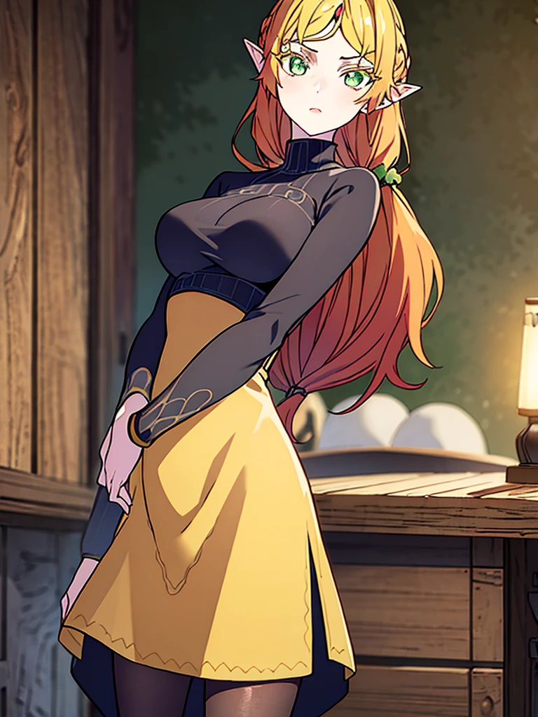 tsundereelf, tsundere elf, long hair, blonde hair, (green eyes:1.5), pointy ears, elf, multicolored hair, forehead jewel, BREAK long sleeves, turtleneck bodysuit, pantyhose, sweater, (black sweater:1.2), dress, (yellow dress:1.5), BREAK outdoors, forest, nature, sun, sky, clouds, BREAK looking at viewer, (cowboy shot:1.5), BREAK (masterpiece:1.2), best quality, high resolution, unity 8k wallpaper, (illustration:0.8), (beautiful detailed eyes:1.6), extremely detailed face, perfect lighting, extremely detailed CG, (perfect hands, perfect anatomy),