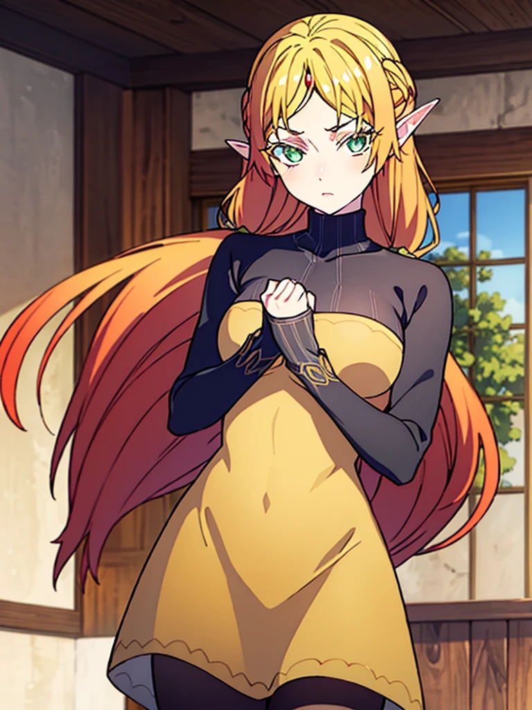 tsundereelf, tsundere elf, long hair, blonde hair, (green eyes:1.5), pointy ears, elf, multicolored hair, forehead jewel, BREAK long sleeves, turtleneck bodysuit, pantyhose, sweater, (black sweater:1.2), dress, (yellow dress:1.5), BREAK outdoors, forest, nature, sun, sky, clouds, BREAK looking at viewer, (cowboy shot:1.5), BREAK (masterpiece:1.2), best quality, high resolution, unity 8k wallpaper, (illustration:0.8), (beautiful detailed eyes:1.6), extremely detailed face, perfect lighting, extremely detailed CG, (perfect hands, perfect anatomy),