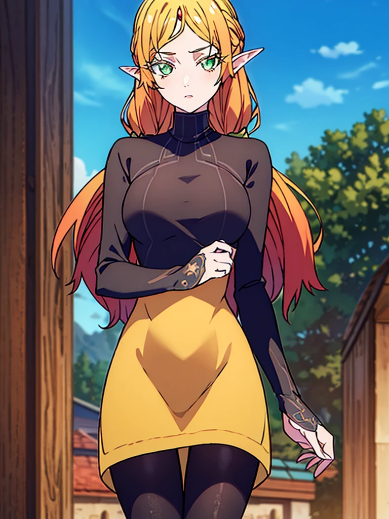 tsundereelf, tsundere elf, long hair, blonde hair, (green eyes:1.5), pointy ears, elf, multicolored hair, forehead jewel, BREAK long sleeves, turtleneck bodysuit, pantyhose, sweater, (black sweater:1.2), dress, (yellow dress:1.5), BREAK outdoors, forest, nature, sun, sky, clouds, BREAK looking at viewer, (cowboy shot:1.5), BREAK (masterpiece:1.2), best quality, high resolution, unity 8k wallpaper, (illustration:0.8), (beautiful detailed eyes:1.6), extremely detailed face, perfect lighting, extremely detailed CG, (perfect hands, perfect anatomy),