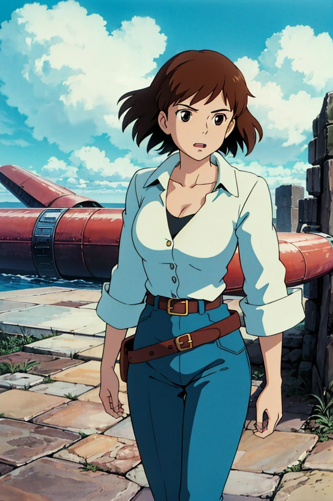 ghibli style, nausicaa \(Kaze no Tani no Nausica\), 1girl, upper body, matured, 27 y.o, large breasts, tall, skinny, friendly face shocked, bangs, black eyes, medium brown hair, steampunk Nausica outfit, brown kneehigh boots, pants, belt, collarbone, day, (profiles:0.4), outdoors, medium hair, solo, toxic wasteland, cirrus fog and clouds, masterpiece, laying on back