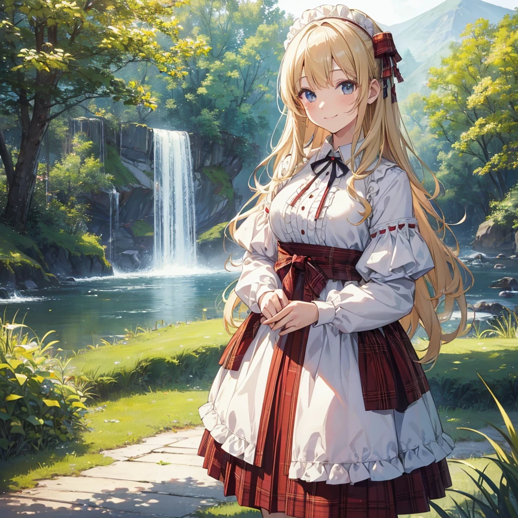 ((masterpiece)), ((Highest quality)), ((High resolution)), ((In detail))、Wearing the English national dress, the kilt、Anime style white woman、Blonde、smile、Happy expression、Daytime、Rural Scenery、cute、beautiful、Embarrassing cheeks、Tartan
