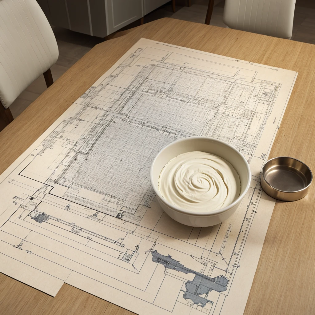 International space station blueprints on a light cream colored tabletop, top down view