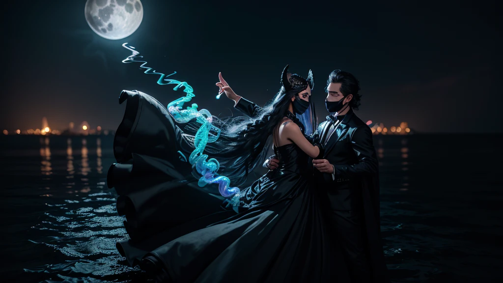long shot, mystery mask man in black masquerade clothes dancing with a beautiful dress masquerade woman on water, full moon in the night sky, high detail, wide shot, 4K, 3D, REALISTIC, (iridescent glow smoke), UHD, 32K, very bold neon colors, black light, neon light