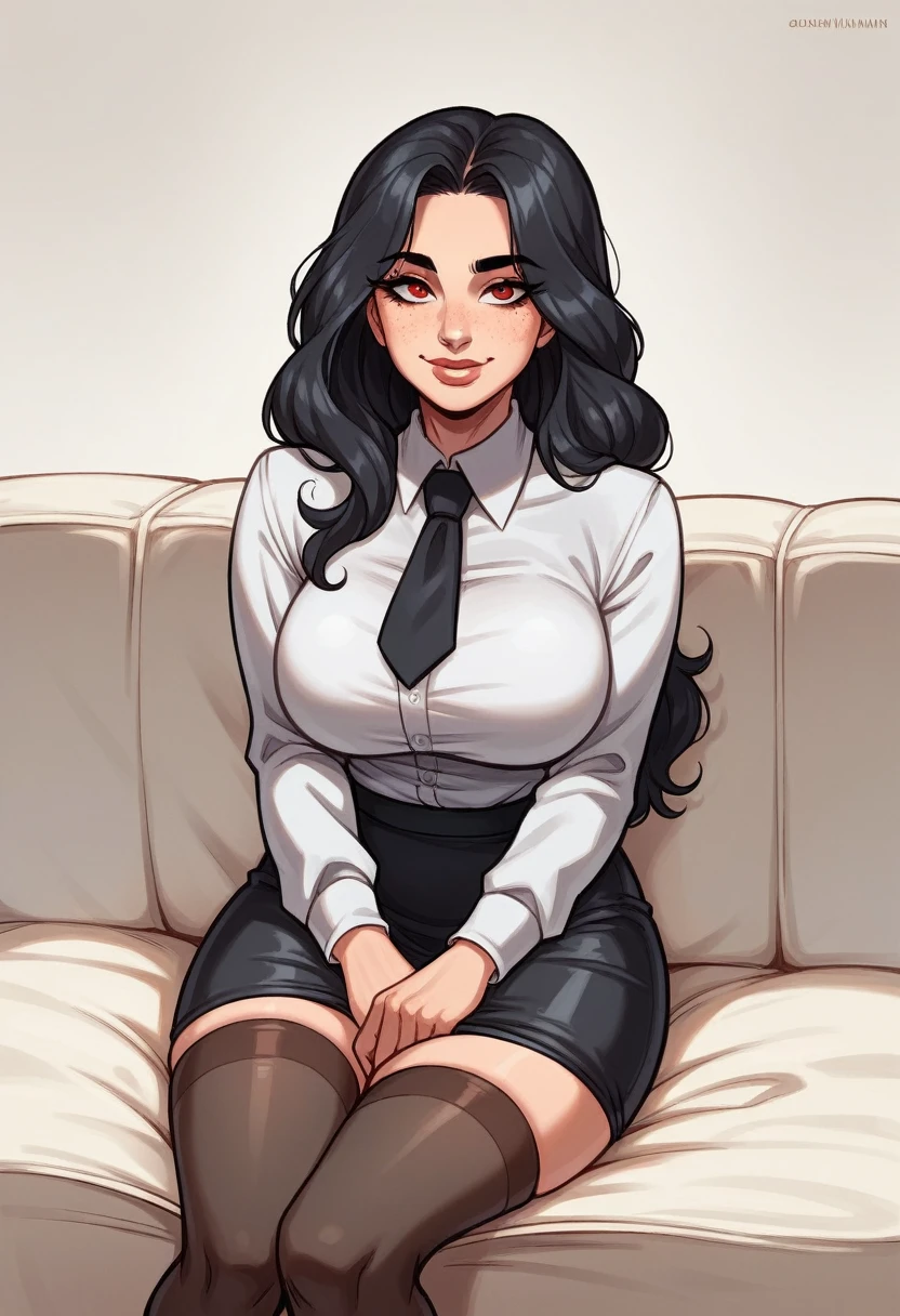 best quality, super fine, 16k, incredibly absurdres, extremely detailed, 2.5D, delicate and dynamic, a beautiful woman of 40 years, mature woman, slight smile, sweet lips. Black hair, Long hair, red eyes, downturned eye shape, black eyebrows, strong eyebrows. High cheekbones, strong chin. Freckles. breasts, voluptuous, broad hips. Wearing a white scolar shirt, Black tie, black tweed skirt, Black half buccaneer, Long thigh high stockings. (sitting on a white sofa)