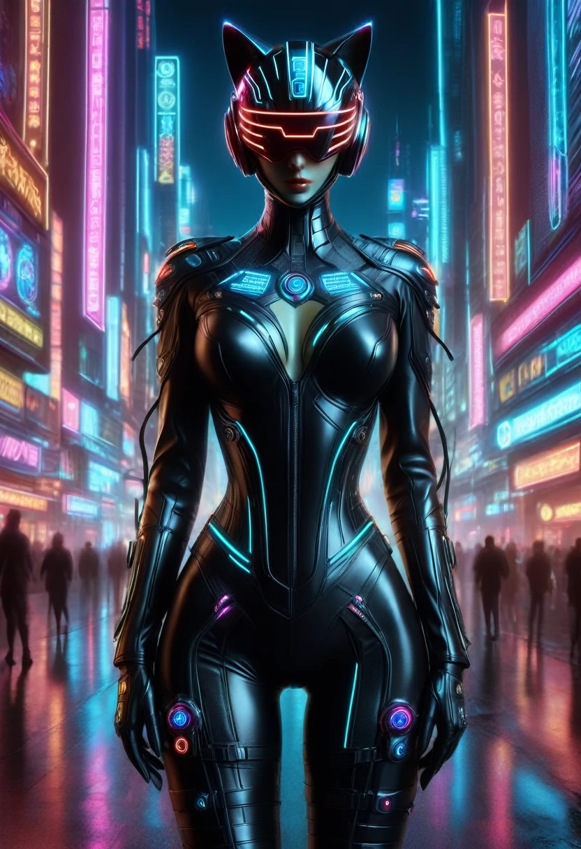 Image 16k, Great [Catwoman | Catwomen], black tight leather biker suit on the body, biker costume, biker gloves, (big breastes), (slim athletic body), futuristic (All closed cyber helmet) with big cat ears, faceoff, ciberpunk, lascivious, enticing, Tilting, Tilting, sexypose, Top view, (against the backdrop of the night neon cyber city), Detailed digital art, Cybernetics, Detailed palms, detailed biker gloves, glowing neon inserts on the suit, neon helmet visor, neon inscriptions in cybernetic language on the helmet, glowing neon symbols