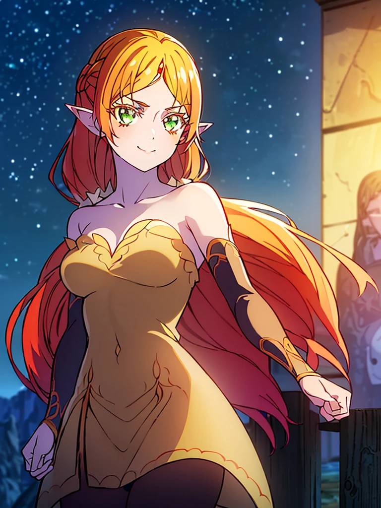((masterpiece,best quality, detailed)), ultra-detailed, detailed hair, deep shadows, hard rim lighting,((dramatic lighting)),sharp focus, cowboy shot, (1girl:1.2), solo,( long hair:1.3), (floating hair:1.2), (seductive smile:1.1),medium breasts,pointy ears, forehead jewel, standing, looking at viewer, (sea:1.3),(starry sky:1.3) , (sui\(xiannv\):1.4) ,shooting star,