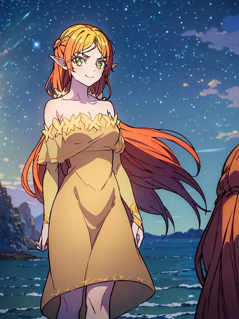 ((masterpiece,best quality, detailed)), ultra-detailed, detailed hair, deep shadows, hard rim lighting,((dramatic lighting)),sharp focus, cowboy shot, (1girl:1.2), solo,( long hair:1.3), (floating hair:1.2), (seductive smile:1.1),medium breasts,pointy ears, forehead jewel, standing, looking at viewer, (sea:1.3),(starry sky:1.3) , (sui\(xiannv\):1.4) ,shooting star,