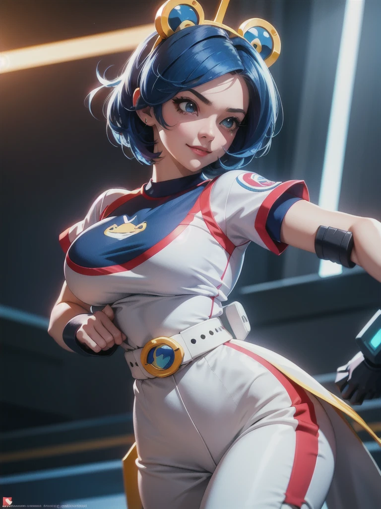 (at night), in a video game scene, a background of a beautiful city during the day raining, standing at attention, semi-short blue hair, a blue t-shirt on the chest, it has the face of a smiling frog type logo, a large belt on the chest. waist, blue fingerless gloves, white exercise pants ((blue hair)), 1 girl, alone, 20 years old, young woman, perfect hands, beautiful fingers, beautiful long legs, beautiful body, beautiful nose, beautiful character design, perfect face, looking at viewer with serious gesture (focusing on his face), closed mouth, Light_Smile, official art, extremely detailed CG unity 8k wallpaper, perfect lighting, bright and colorful front lighting, glowing skin (masterpiece: 1.0) , (best_quality: 1.0), ultra high resolution, 4K, ultra detailed photography, 8K, HDR, high resolution, absurd:1.2, Kodak portra 400, film grain, blurred background, bokeh:1.2, lens flare, (vibrant_color: 1.2), professional photography, (Beautiful, breasts: 1.4), (beautiful_face: 1.5), (narrow waist),