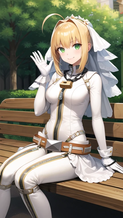 masterpiece, best quality, highres, aanero, ahoge, veil, green eyes, chain, padlock, (white bodysuit:1.2), zipper, white gloves, belt, frills, white dress, sitting, waving, bench, smile, petals, rose petals,