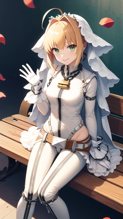 masterpiece, best quality, highres, aanero, ahoge, veil, green eyes, chain, padlock, (white bodysuit:1.2), zipper, white gloves, belt, frills, white dress, sitting, waving, bench, smile, petals, rose petals,