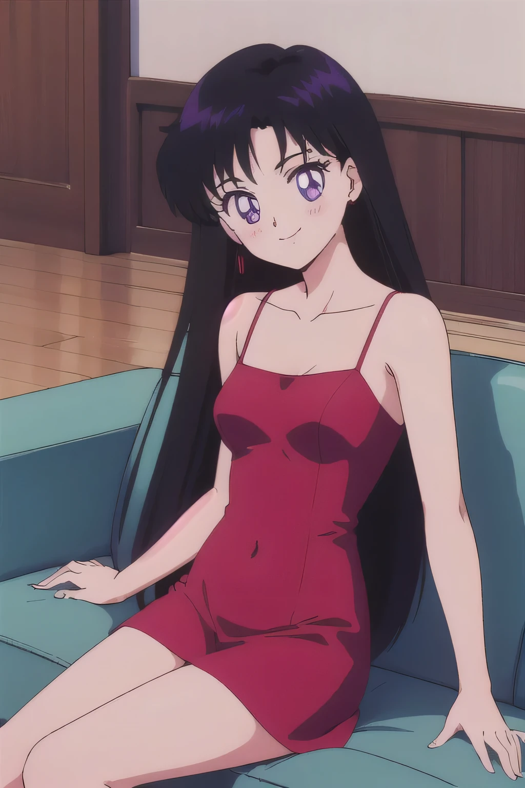 1990s \(style\), Best quality, masterpiece, ager, Rei Hino, Long black hair, purple eyes, Smile, Bare Neck, Bare Arms, Bare Shoulders, red dress, taut dress, spaghetti strap red skin tight dress, sleeveless, medium breast, sitting on a pink couch, blush, looking at viewer, indoor, in the center