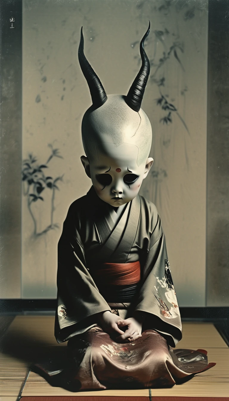 ghost、Bald Head、Only the head is abnormally large、Horns growing、Are crying、Wearing a kimono,Color