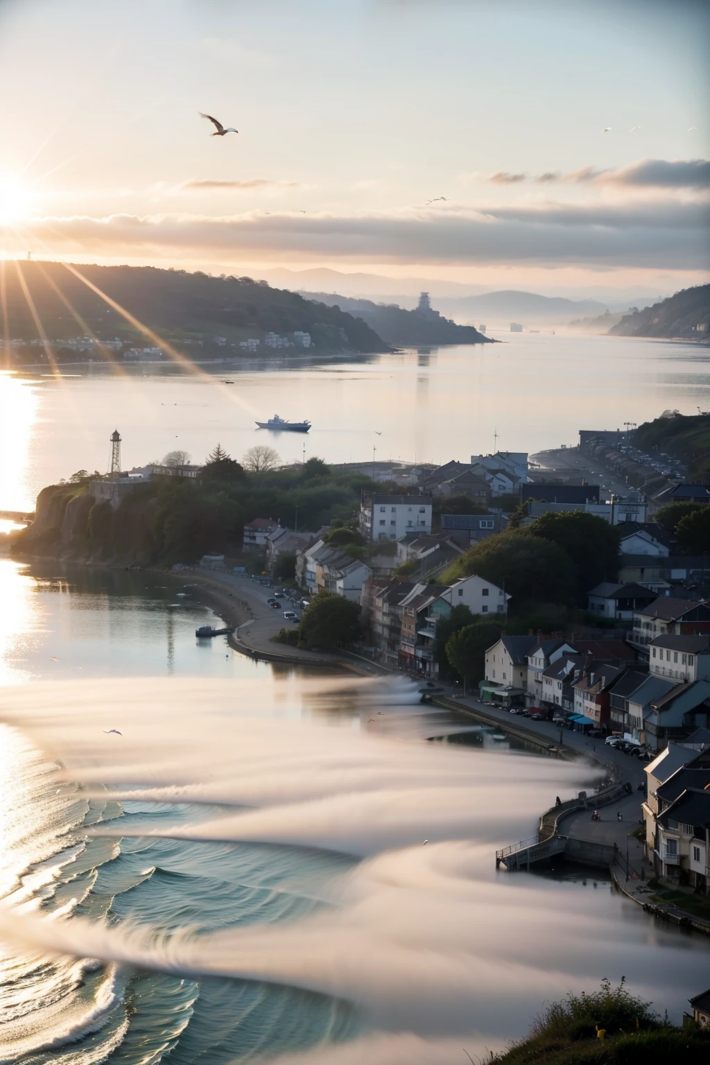 Showing a peaceful seaside village，Morning mist，Seagulls fly over the sea。
Sunlight through the clouds，Shining on the sparkling sea，Fishermen start their day&#39;s work。