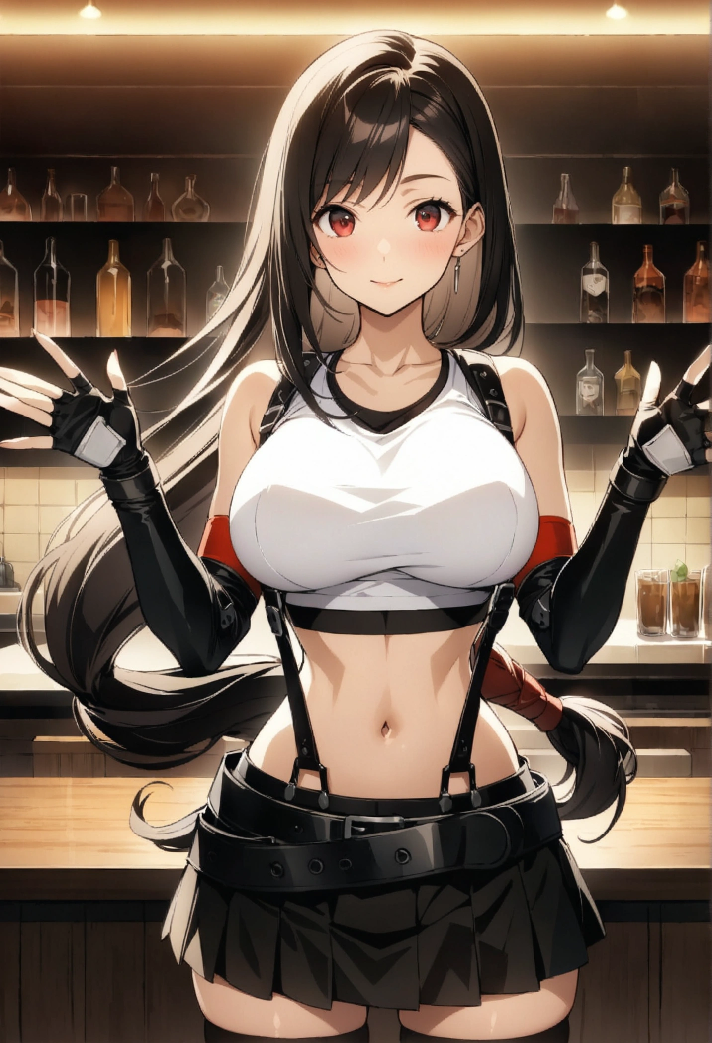 (score_9, score_8_up, score_7_up), BREAK (masterpeace),(best quality),(aesthetic,very aesthetic),film grain,wide eyes,,1girl, tifa lockhart, final fantasy,(beautiful woman). black hair, low-tied long hair, red eyes, bangs, white tank top,gap, belt, pleated skirt, thighhighs, elbow fingerless gloves, elbow pads, midriff, navel,suspender skirt.zettai ryouiki ,,(large_breasts:1.3),Solo,upperbody,looking_at_viewer, vibrant, joyful,cafe and bar,Framin,specular reflection,,mediumshot,hands on breast,(stick out butt:1.3), (back view:1.8)