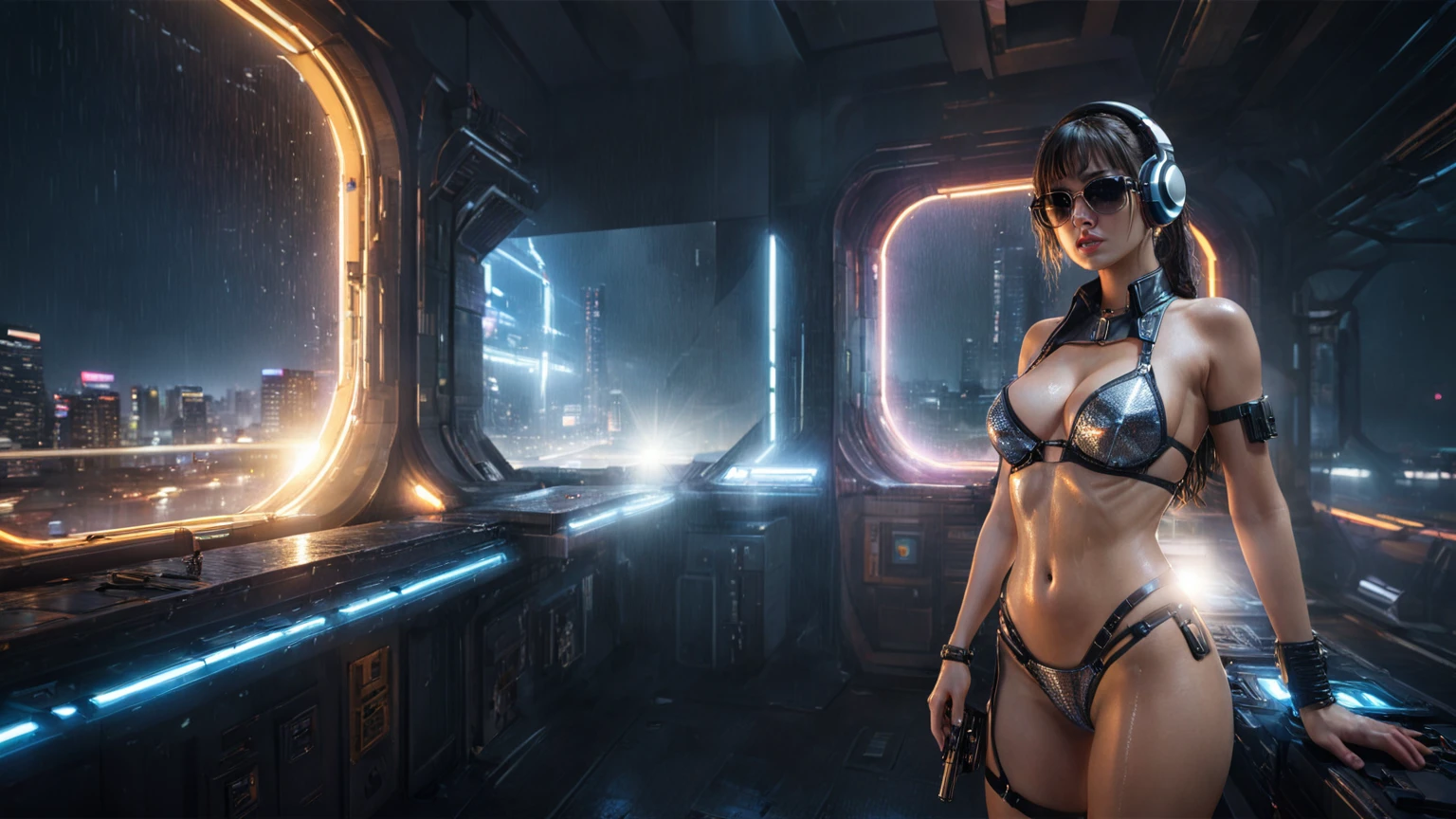 (((aerial view))), Blade Runner style futuristic space station platform, neon lights, rainy night. (1girl, solo, alone), large-breast:1.2 slim body, cleavage:1.1, sexy laced lingerie with wet jacket, headphone, (black sunglasses), (((she raised a pistol:1.8 and shot:1.8 the viewer))), dynamic pose, (((half-body thigh level medium shot))), cinematic lighting, lens flare, ray tracing, blurred:1.4 background.