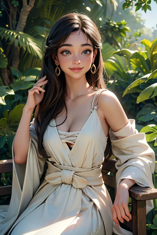 (best quality,4k,8k,highres,masterpiece:1.2),ultra-detailed,(realistic,photorealistic,photo-realistic:1.37),A girl in a garden,portraits,beautiful detailed eyes,beautiful detailed lips,extremely detailed eyes and face,longeyelashes,natural lighting,greenery,peaceful ambiance,flowing dress,flying hair,gentle sunlight,vivid colors,aesthetic composition,soft shadows,subtle breeze,serene expression,relaxed posture,harmonious background,dreamy atmosphere, dressed in ancient garb (15th century)), cleavage, smiling, full view