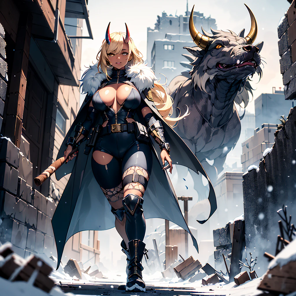 ((best quality)), ((masterpiece)), (detailed), 1girl, 8k_wallpaper, extremely detailed eyes, extremely detailed body, (large masterpiece digital art), ((perfect anatomy huge chest)), (intricate details:1.3 ), (ultra-detailed:1.3), (sharp focus:1.3), (natural lighting:1.05), (vivid colors:1.3), (best quality:1.4), high quality, expressive eyes, full body, tall girl, detailed face, beautiful face, perfect face, ((blonde hair)), (gold eyes), ((large blue horns)), {{dark skin}}, ({dark skinned female}), gigantic breasts, bit a smoking cigar with her teeth, dressed in heavy steel powerful cyber armor with a mechanical long tail, a blue open coat with white fur thrown over the armor, a wide steel belt with grenades and a military radio, steel heavy pants, steel boots, she walks in the evening through the ruins of an old city destroyed by war against the backdrop of high mountains, winter it snows,