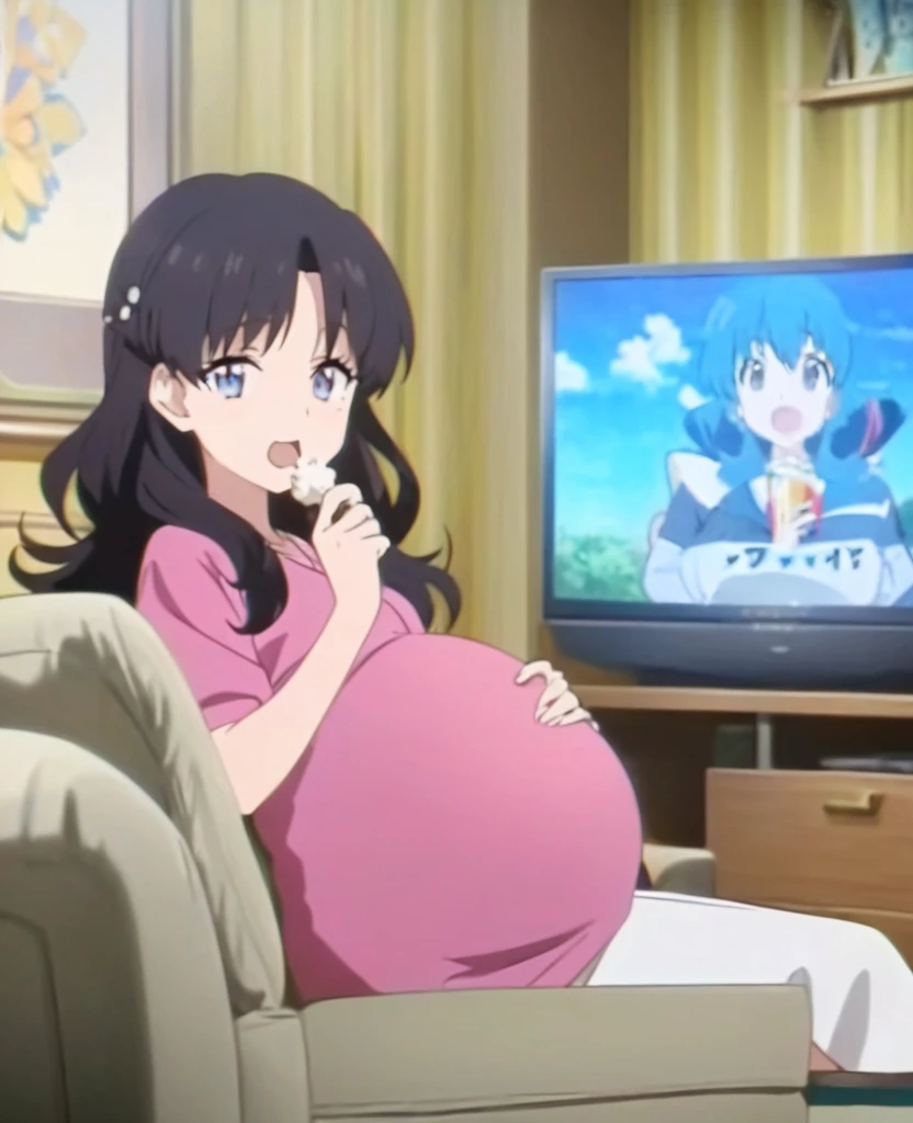 Pregnant woman, sitting on the sofa, while eating popcorn, background in the living room with TV, anime screencap