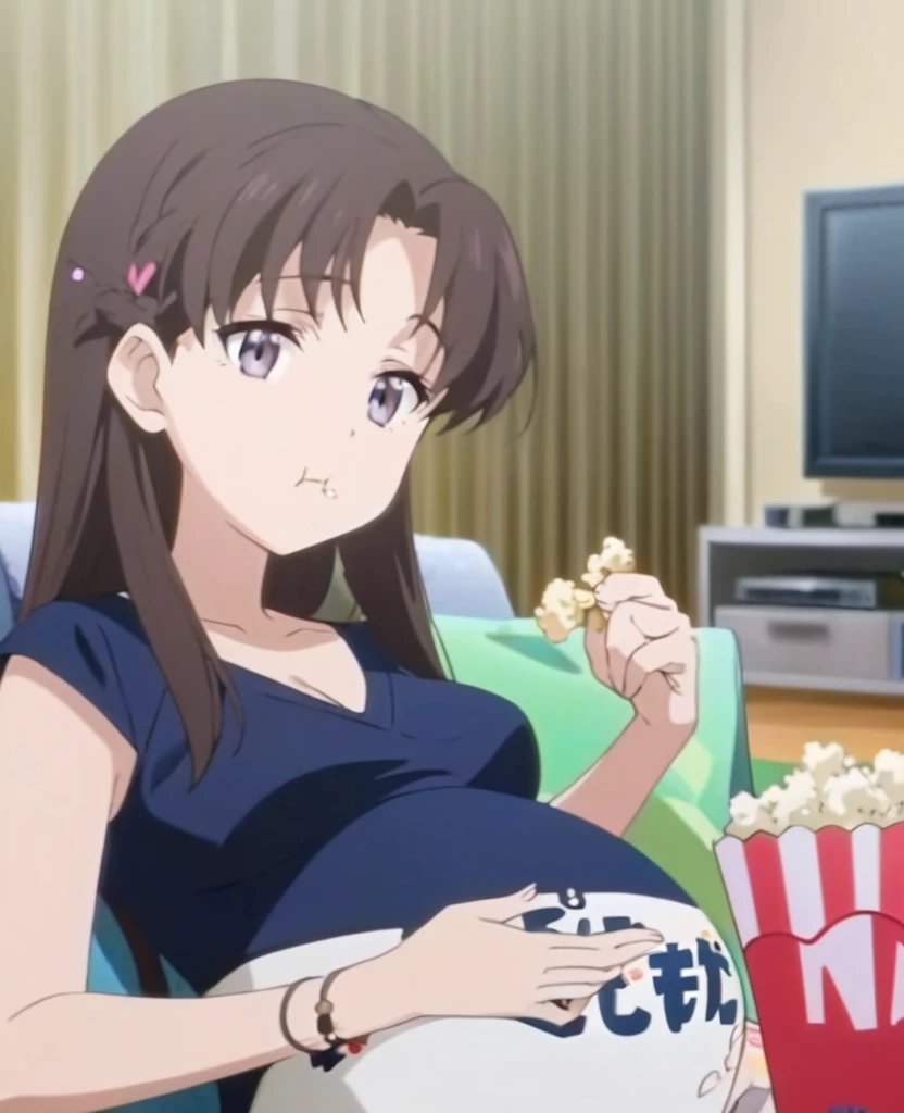 Pregnant woman, sitting on the sofa, while eating popcorn, background in the living room with TV, anime screencap