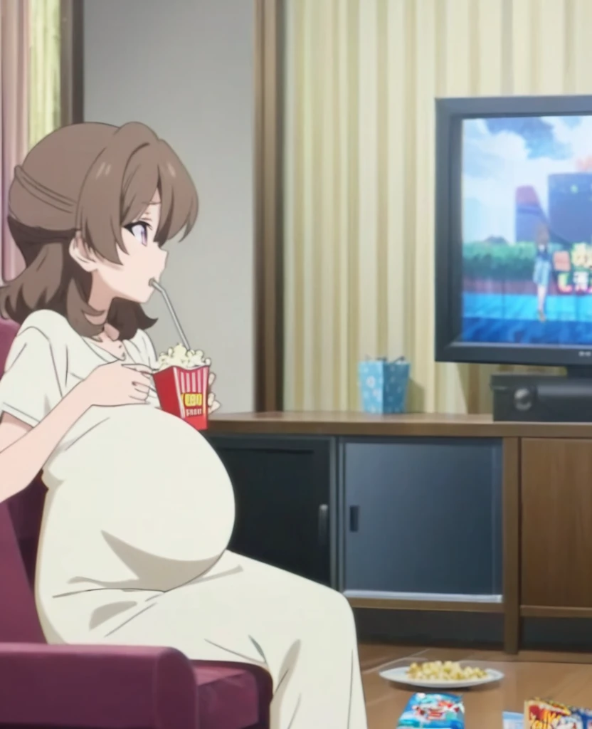 Pregnant woman, sitting on the sofa, while eating popcorn, background in the living room with TV, anime screencap