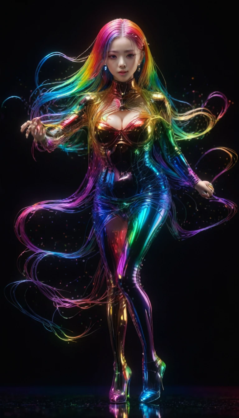 Ultra-Realistic Capture,18k,RAW Photos,Highest quality,masterpiece,reality,Very detailed,Very beautiful woman,Automata,20-year-old ,Model body type,LED,Transparent skin,Very detailedな電子機器の骨格,A lot of connecting lines,Rainbow colors,Very long hair,whole body,Standing posture,tall,Long legs,Standing on tiptoes,Wet,Middle finger up,Sticking out tongue,Black background,