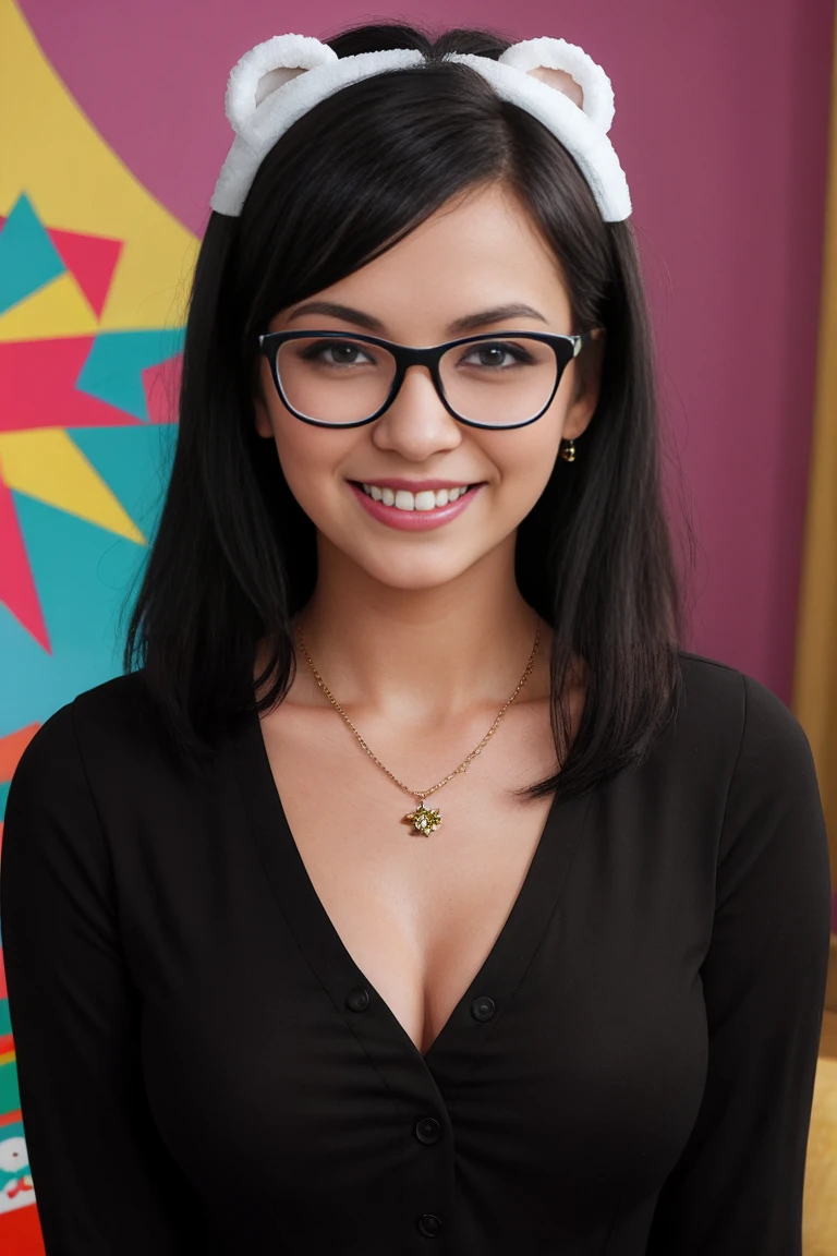 4K Photos, Amateur Photo Submitted ,Beautiful woman ,dress ,living room, Black-haired woman, smile, Big nose, glasses on head, black outfit, necklace, braces, playful cartoon background, vibrant colors, digital photo