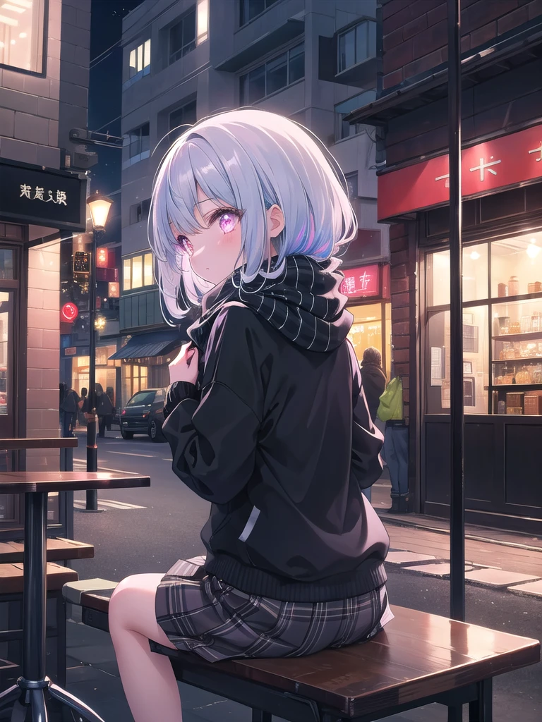 ((8k, best quality, master piece: 1.3)),super high resolution,(1 girl, 独奏), (colorshift eyes, hyperdetailed, expressive sparkling, glitter, glowing eyes), ultra detailed eyes, ultra-detailed face, random hair, ((pastel color)), , Back view, A girl sitting alone in a street corner cafe。I can see her thinking about something from behind。tight knit sweater、skirt、A scarf that hangs from the back, A high-tech scene with silver light reflections bouncing off metallic surfaces. The main subject is surrounded by reflective objects that catch and scatter the light, creating a sleek and polished look. The lighting is bright and sharp, accentuating the modern and sophisticated elements of the scene.