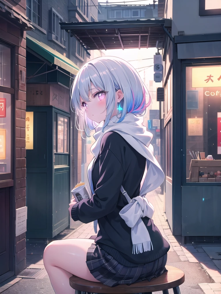 ((8k, best quality, master piece: 1.3)),super high resolution,(1 girl, 独奏), (colorshift eyes, hyperdetailed, expressive sparkling, glitter, glowing eyes), ultra detailed eyes, ultra-detailed face, random hair, ((pastel color)), , Back view, A girl sitting alone in a street corner cafe。I can see her thinking about something from behind。tight knit sweater、skirt、A scarf that hangs from the back, A high-tech scene with silver light reflections bouncing off metallic surfaces. The main subject is surrounded by reflective objects that catch and scatter the light, creating a sleek and polished look. The lighting is bright and sharp, accentuating the modern and sophisticated elements of the scene.