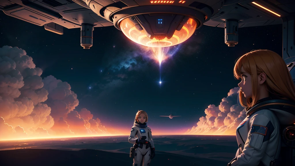 A  girl wearing futuristic space suits, inside a space capsule in space, in the background of the image a burning planet, spaceships flying in the background