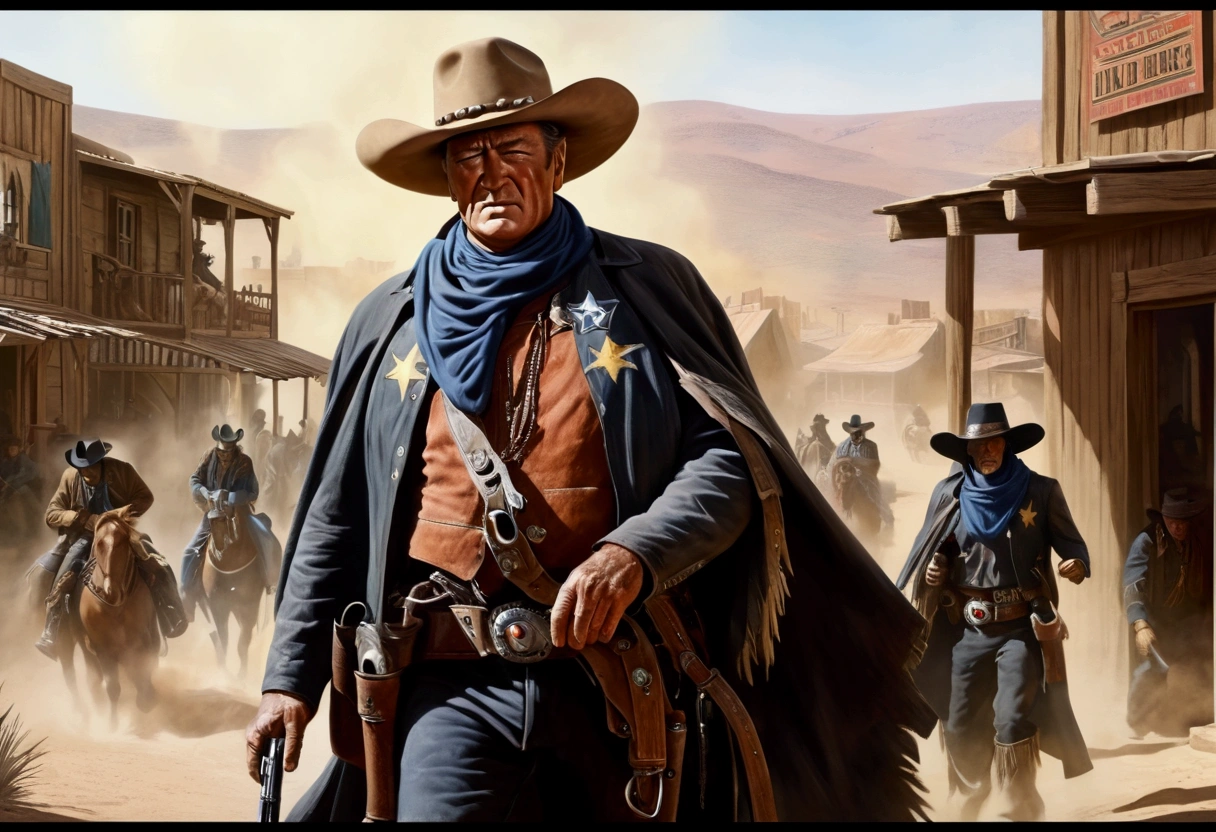 Un Warhammer 40k, an old West cowboy (John Wayne) has shot dead Eldari witches, old west town, scared people watch from shadows