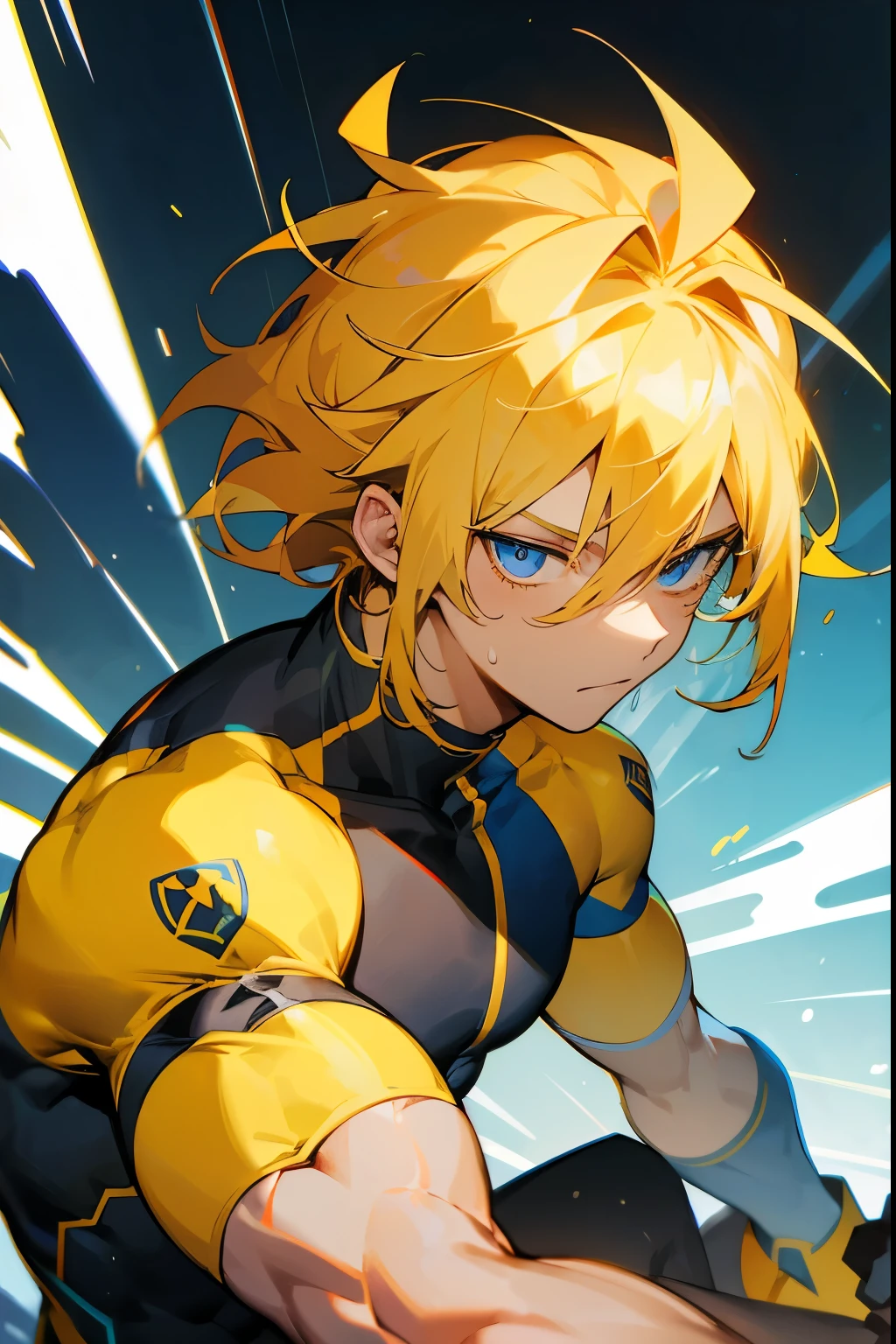 1male , Yellow Skin , Bright Blue Eyes , Messy Wavy Spiky Yellow Hair , Bright Blue Highlights in Hair , Muscular , Calm Expression , Combat Clothing , White Compression Shirt