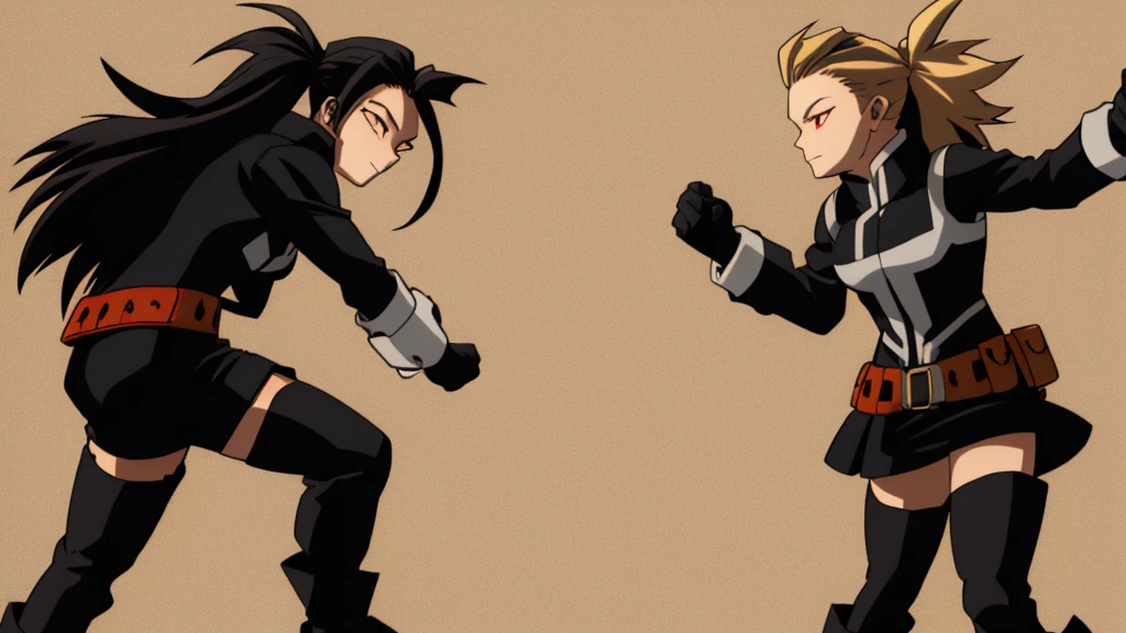 Woman character with dark skin, very long black hair with a ponytail, red eyes, black and gray hero costume, with black and gray thigh-high stockings, with a belt, black boots Small, Hugging a man with white skin, blonde hair back, yellow eyes, a yellow jacket with white cotton, yellow pants, small black boots, a belt, brown gloves, And a black shirt with yellow lines, My hero academia anime scene