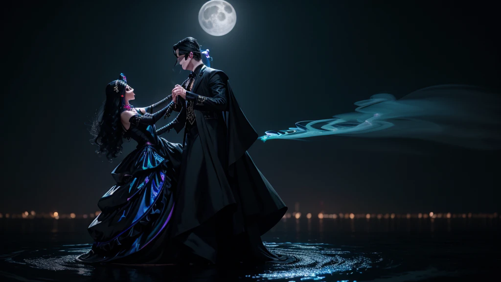 long shot, mystery masquerade man in black masquerade clothes dancing with a beautiful dress masquerade woman on water, full moon in the night sky, high detail, wide shot, 4K, 3D, REALISTIC, (iridescent glow smoke), UHD, 32K, very bold neon colors, black light, neon light
