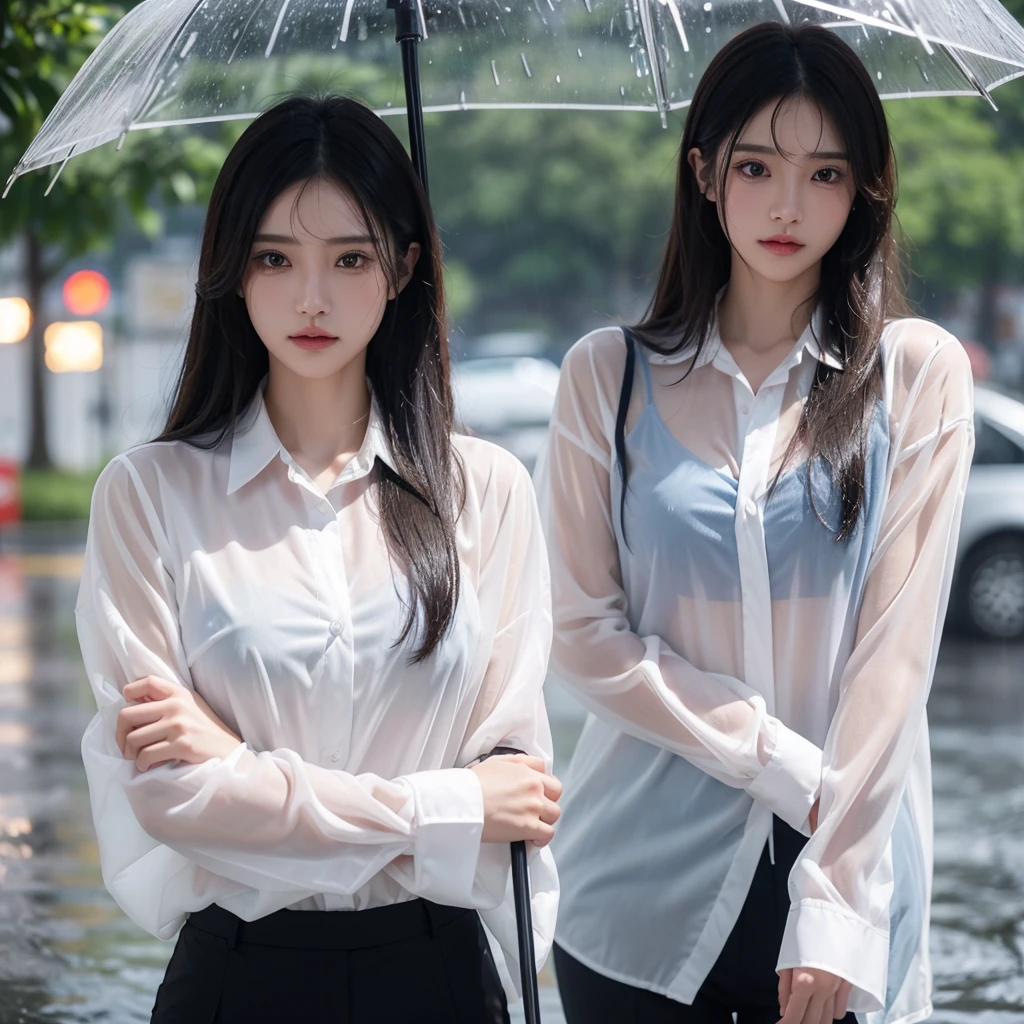 Hair getting wet in the rain、Transparent shirt、Beautiful woman getting wet in the rain、typhoon、Get wet without an umbrella、Beautiful woman in the rain、雨で濡れたBeautyOL、Detailed face、Realistic、beautiful girl、Beauty、Office Lady Uniform、beauty、Beautiful woman、Narrow waist、Handsome woman、Tight pants look、suit、Sexy pose、タイトなsuitパンツ、雨で濡れたsuit、Wet shirt、See-through shirt、Shot in heavy rain、See-through underwear