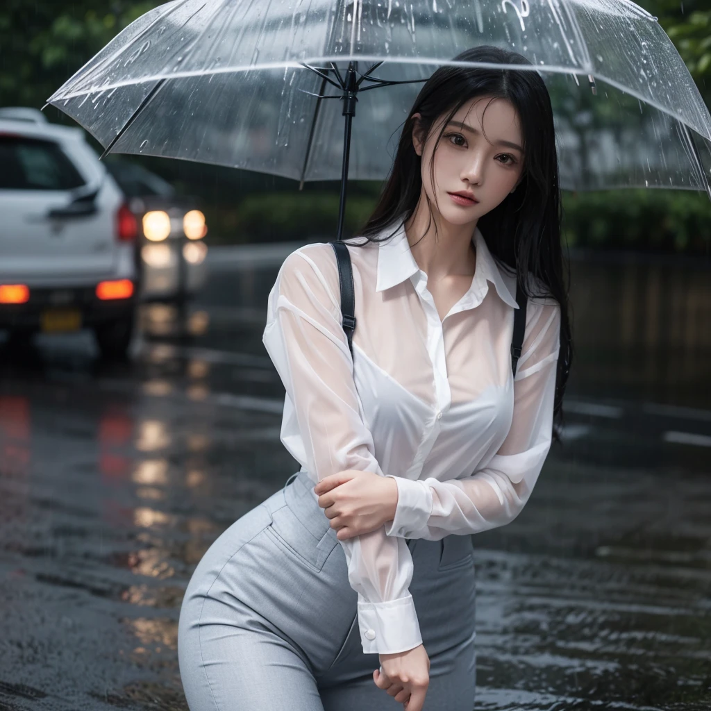 exy pose、Hair getting wet in the rain、Mr.々Hair style、ponytail、Short Hair、Transparent shirt、Beautiful woman getting wet in the rain、typhoon、Get wet without an umbrella、Beautiful woman in the rain、雨で濡れたBeautyOL、Detailed face、Realistic、beautiful girl、Beauty、Office Lady Uniform、beauty、Beautiful woman、Narrow waist、Handsome woman、Tight pants look、suit、Sexy pose、タイトなsuitパンツ、雨で濡れたsuit、Wet naked shirt、See-through shirt、Shot in heavy rain、Naked shirt